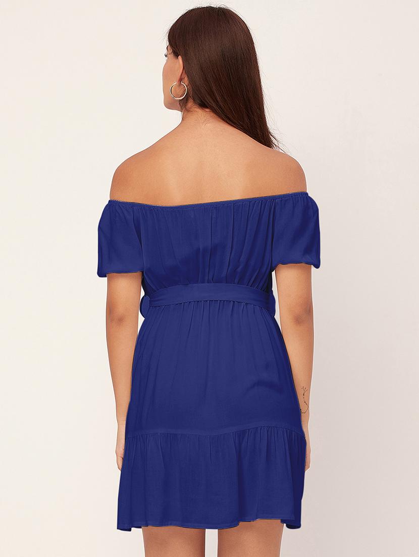 blue solid off shoulder dress waist tie - 20458150 - Standard Image - 3