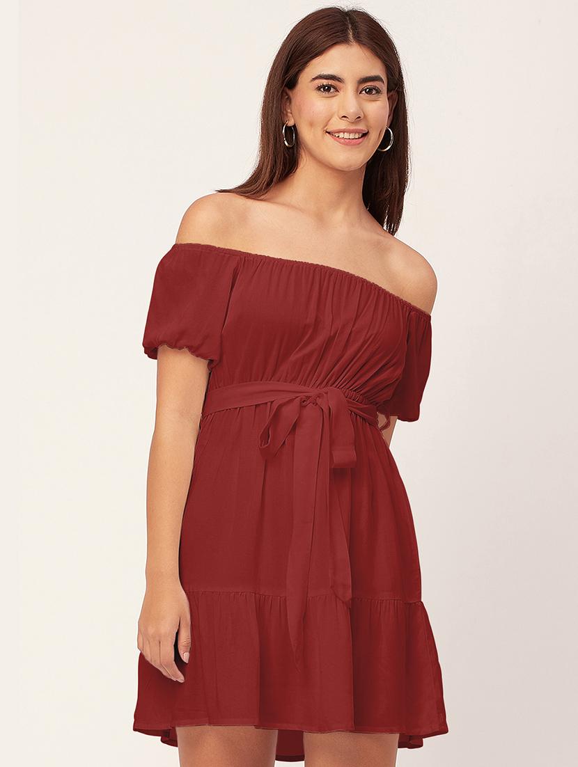 maroon solid off shoulder dress waist tie - 20458151 - Zoom Image - 0