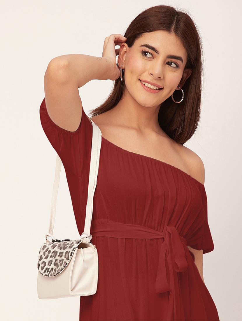maroon solid off shoulder dress waist tie - 20458151 - Standard Image - 5