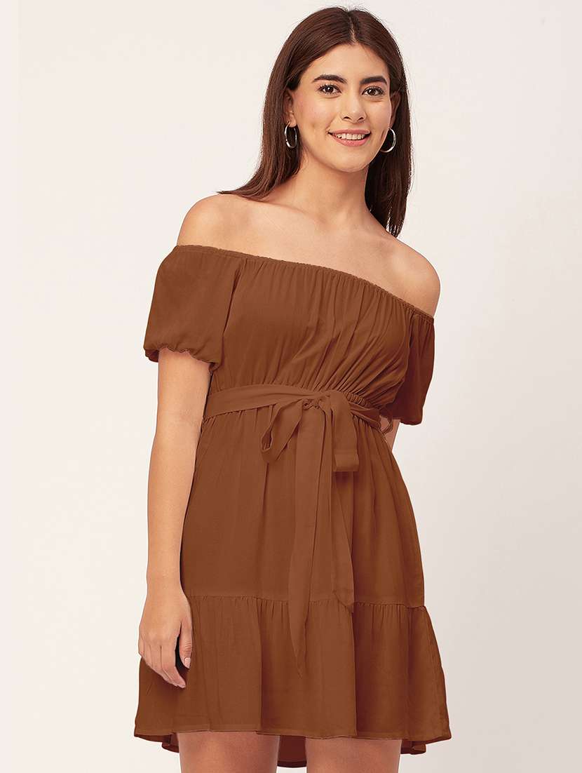 brown solid off shoulder dress waist tie
