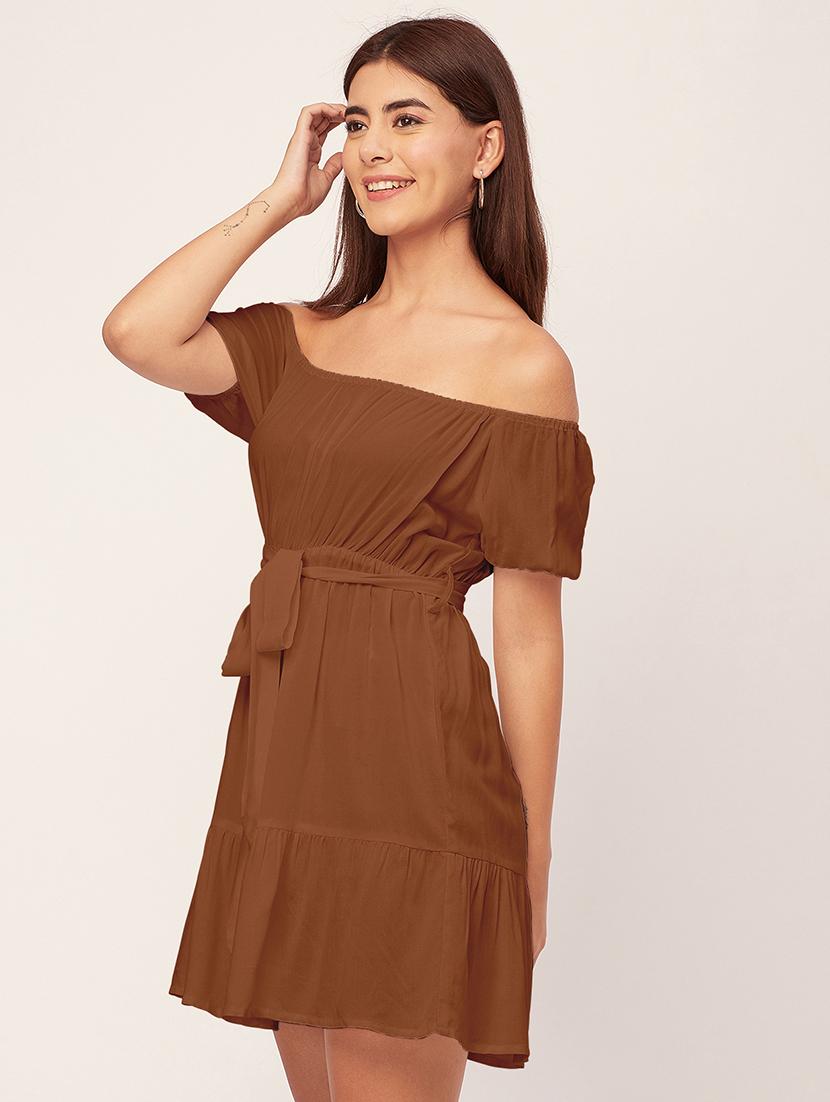 brown solid off shoulder dress waist tie - 20458152 - Standard Image - 3
