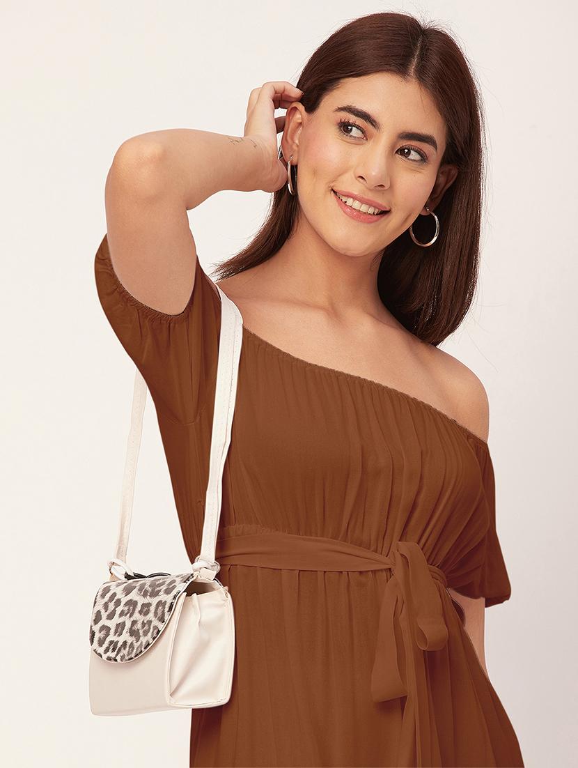 brown solid off shoulder dress waist tie - 20458152 - Standard Image - 5