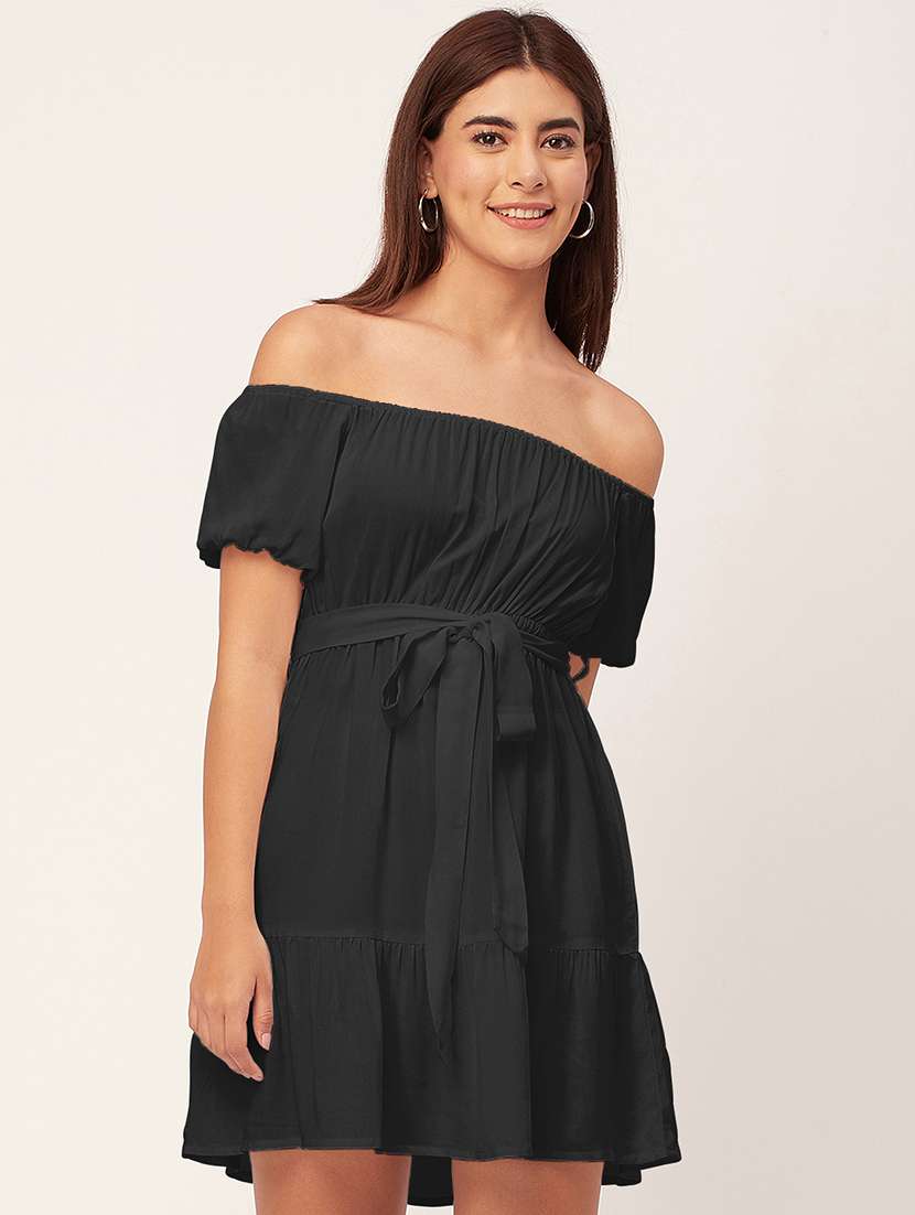 black solid off shoulder dress waist tie - 20458153 -  Zoom Image - 0