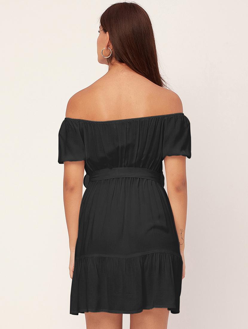 black solid off shoulder dress waist tie - 20458153 - Standard Image - 3