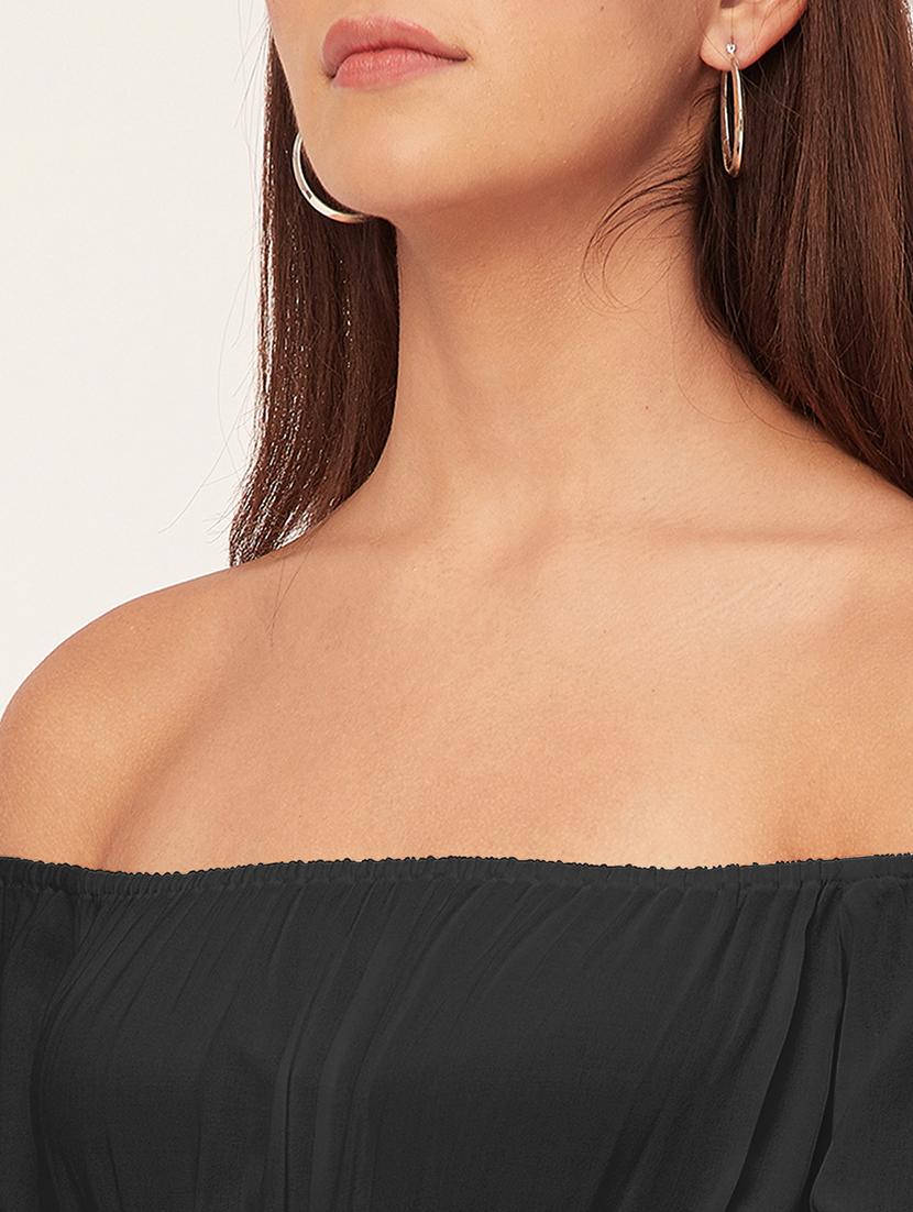 black solid off shoulder dress waist tie - 20458153 - Standard Image - 5
