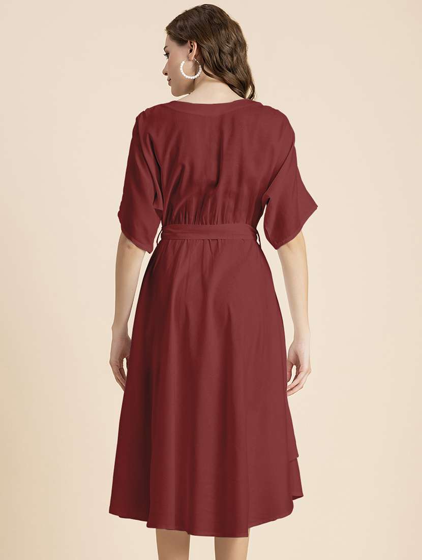 maroon solid a-line dress with waist tie - 20458156 -  Standard Image - 3