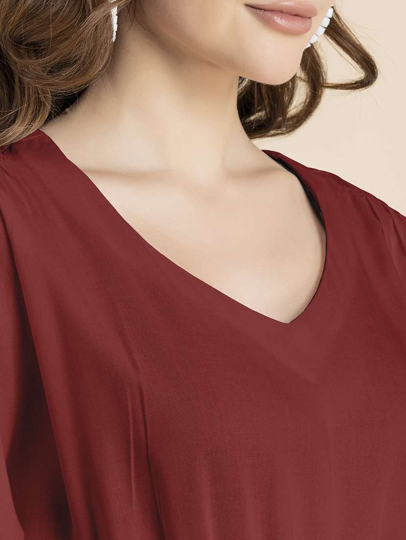 maroon solid a-line dress with waist tie - 20458156 -  Standard Image - 5