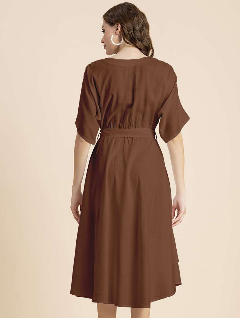 Brown Solid A-line Dress With Waist Tie - 20458158 -  Standard Image - 3