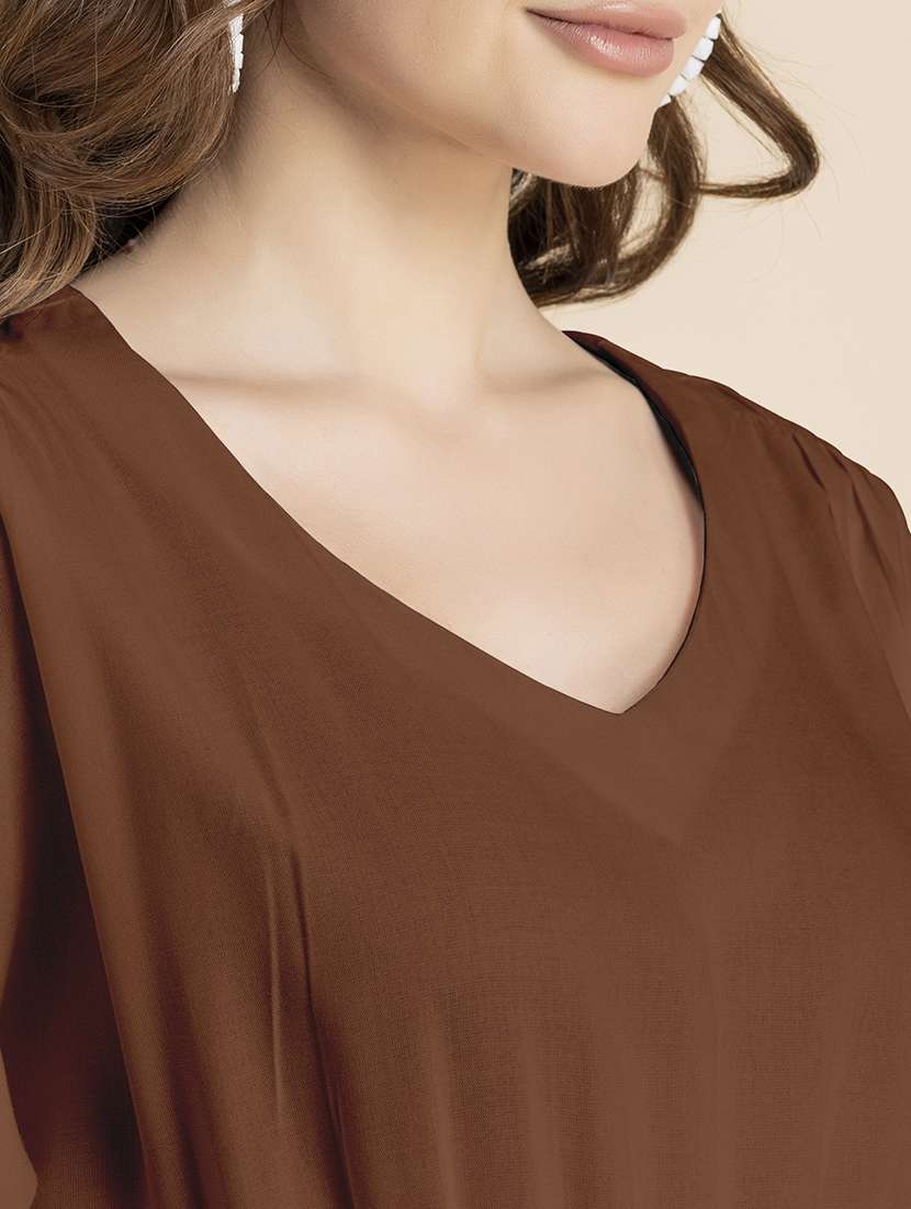 Brown Solid A-line Dress With Waist Tie - 20458158 -  Standard Image - 5