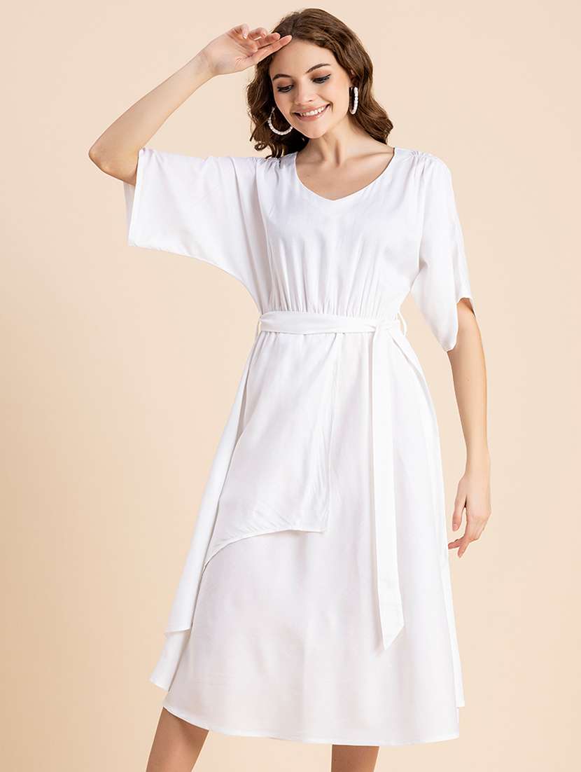 white solid a-line dress with waist tie
