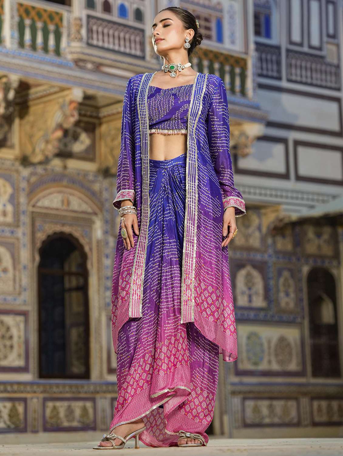 Women Blue Bandahni Print Fusion Sets