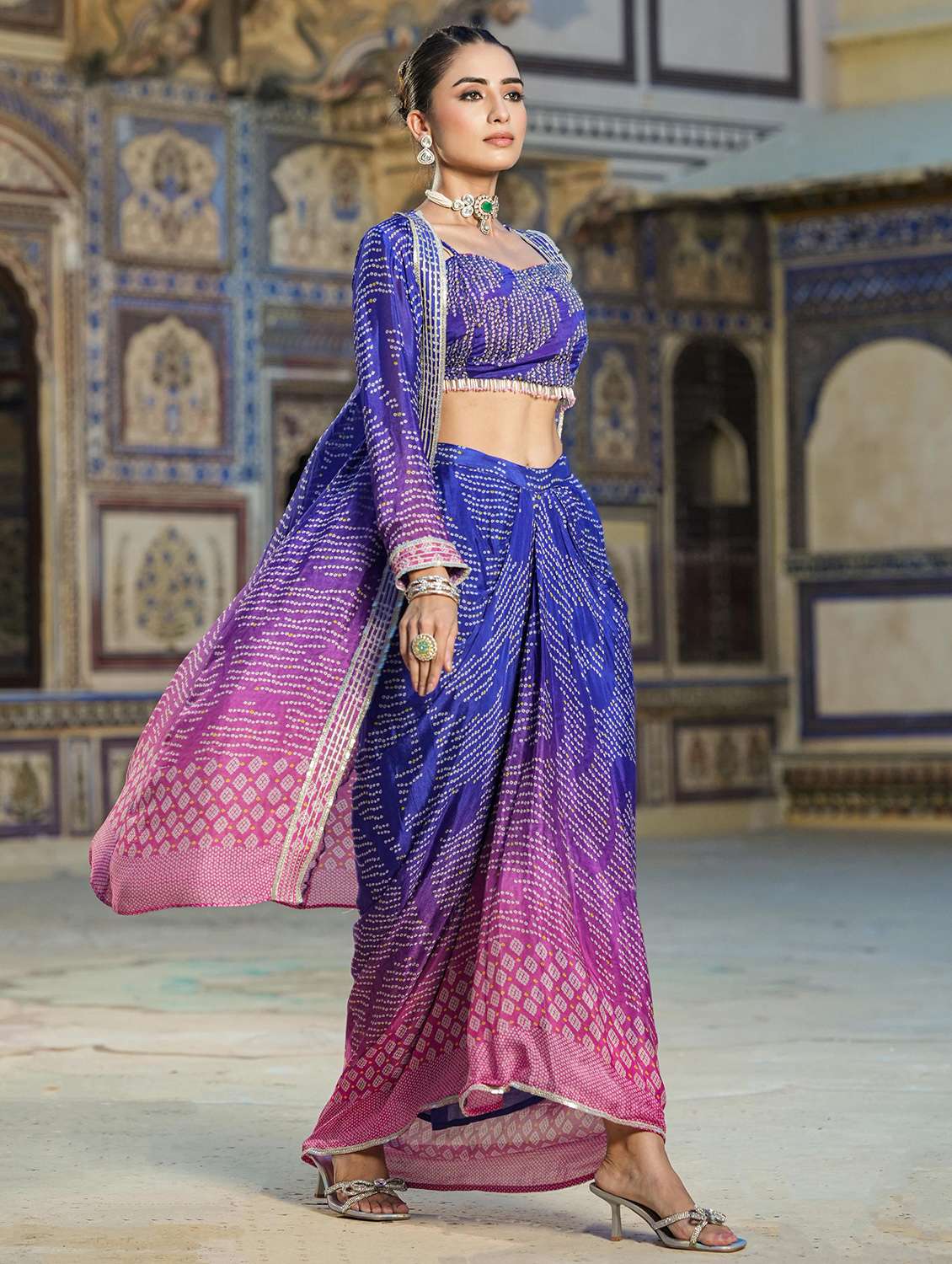 women blue bandahni print fusion sets - 20458200 - Standard Image - 3