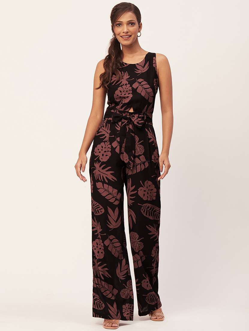 black tropical print full leg jumpsuit
