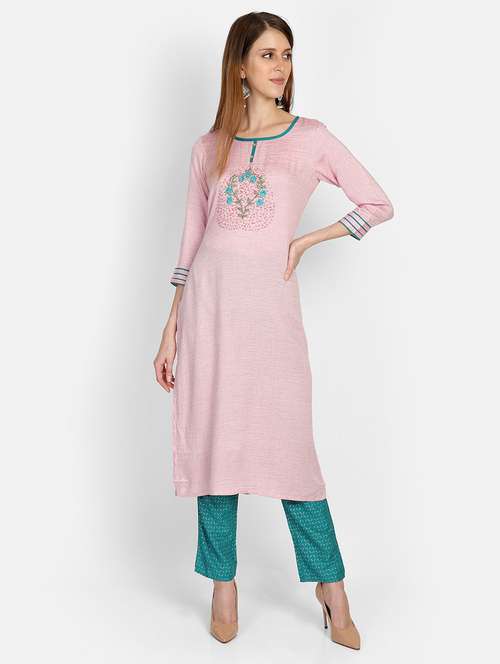 women pink round neck kurta pant set - 20458840 - Standard Image - 0