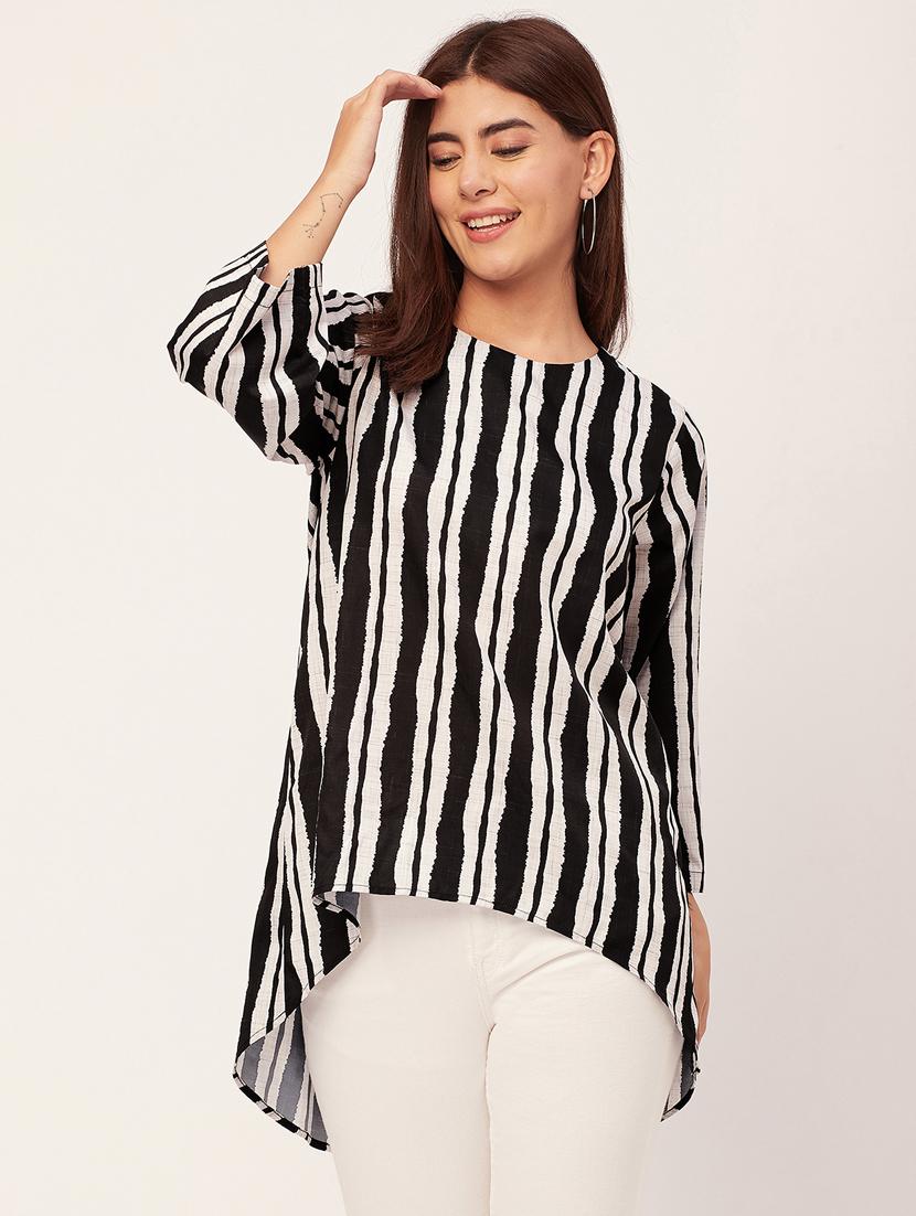black round neck striped high low top - 20459159 -  Zoom Image - 0