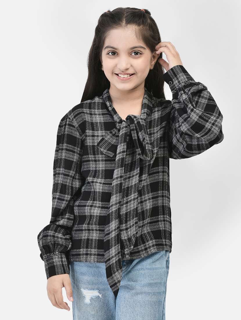 girls black & grey checked shirt top