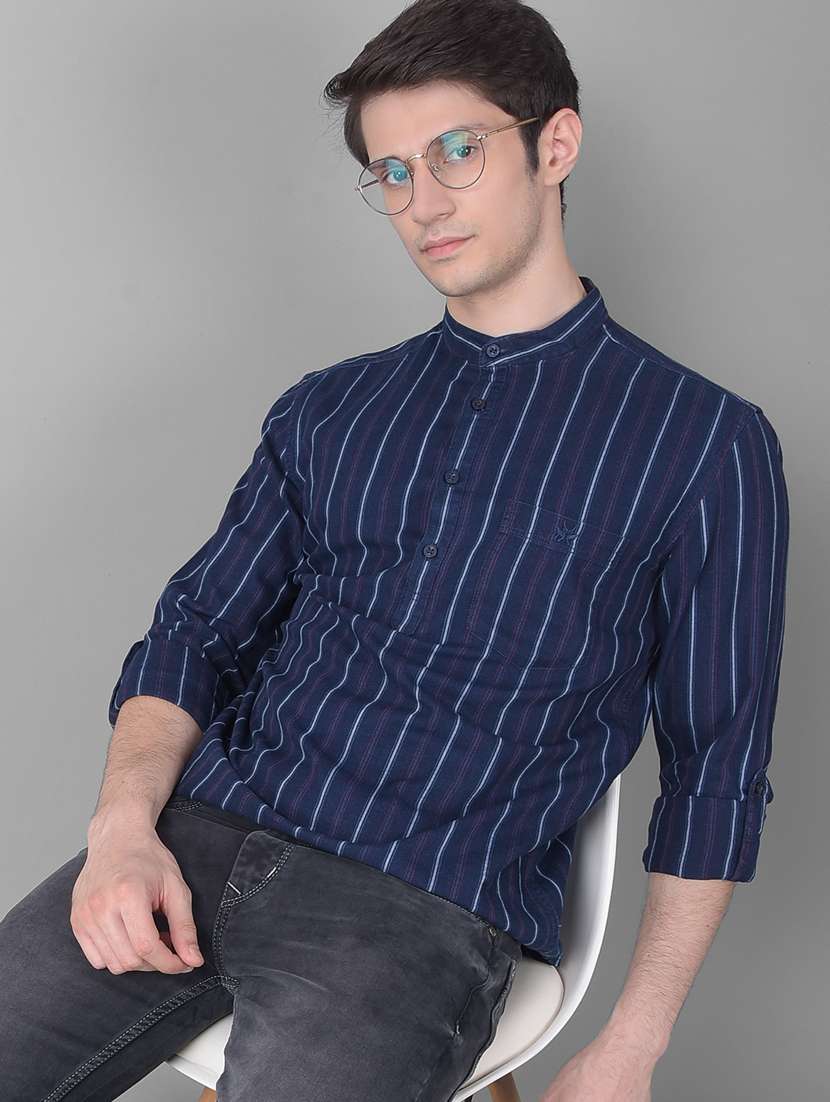 men striped navy blue cotton slim fit short kurta - 20459459 -  Standard Image - 3