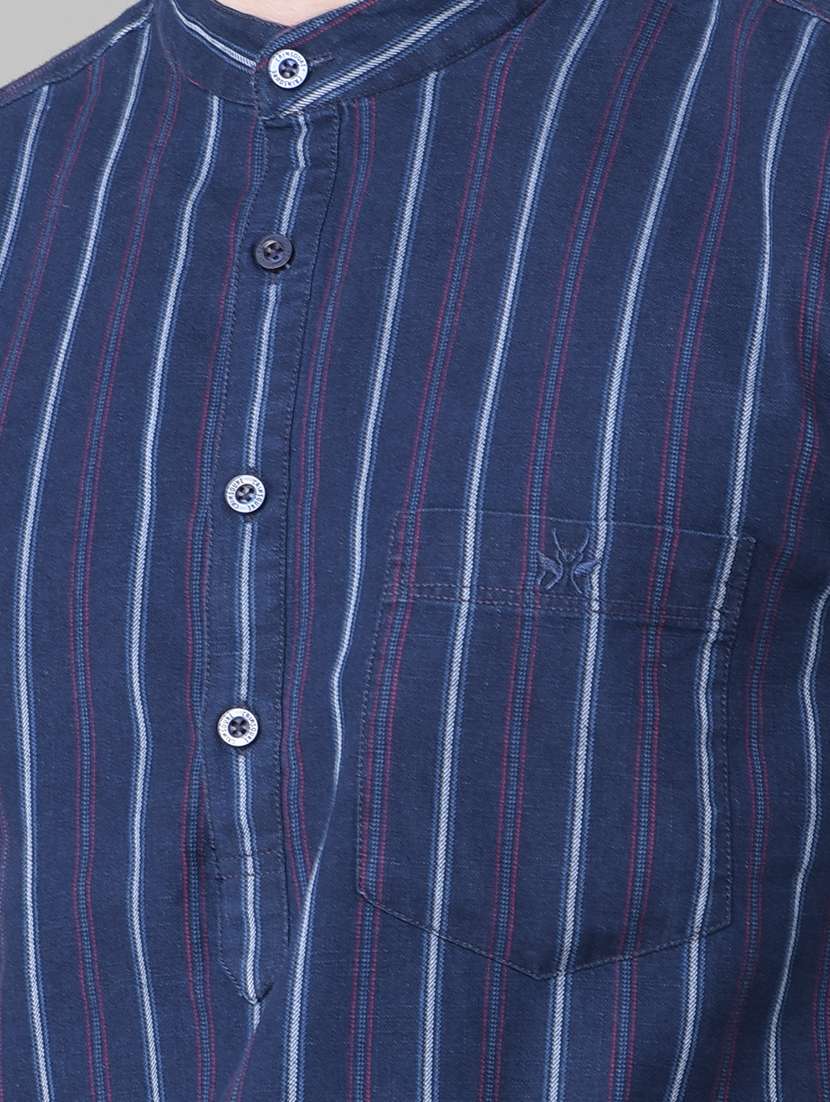 men striped navy blue cotton slim fit short kurta - 20459459 -  Standard Image - 5