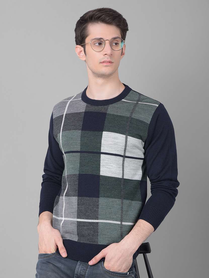men checkered navy blue acrylic pullover