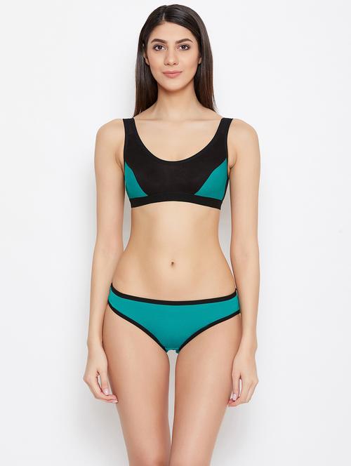 teal & black color blocked bra and panty set - 20467671 - Standard Image - 0