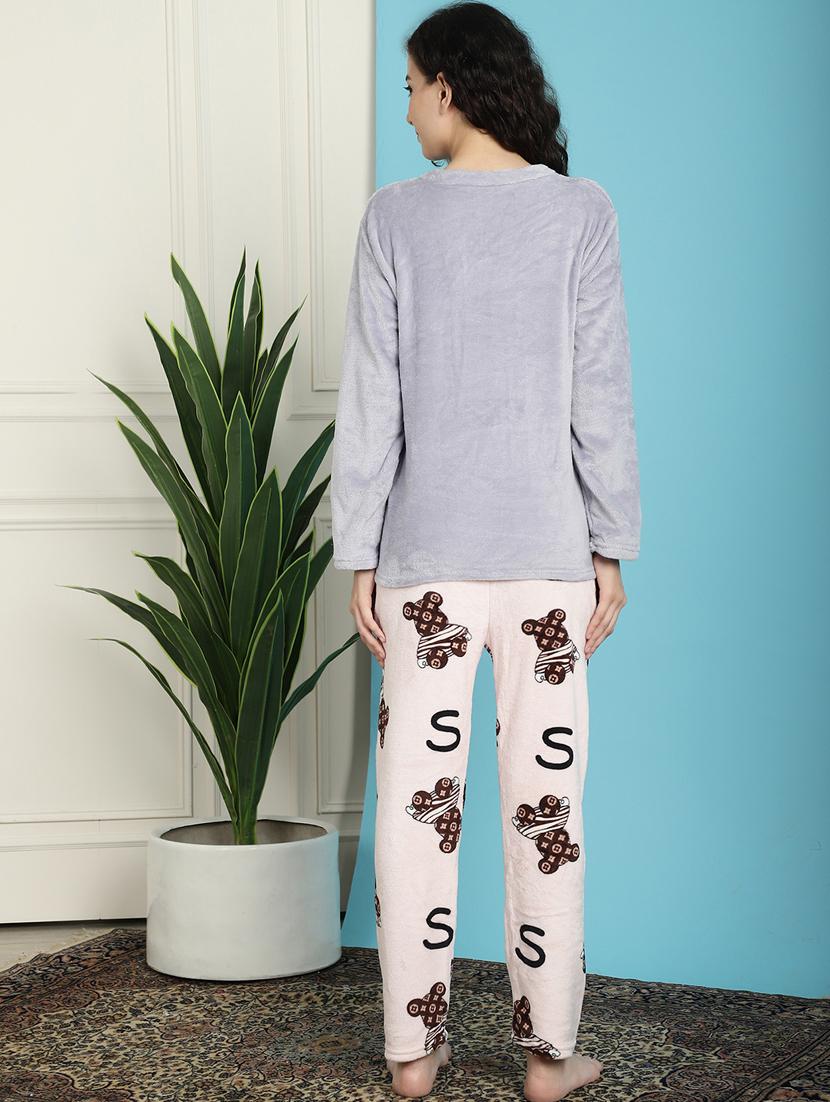 grey self designed pyjama nightwear set - 20467790 - Standard Image - 3
