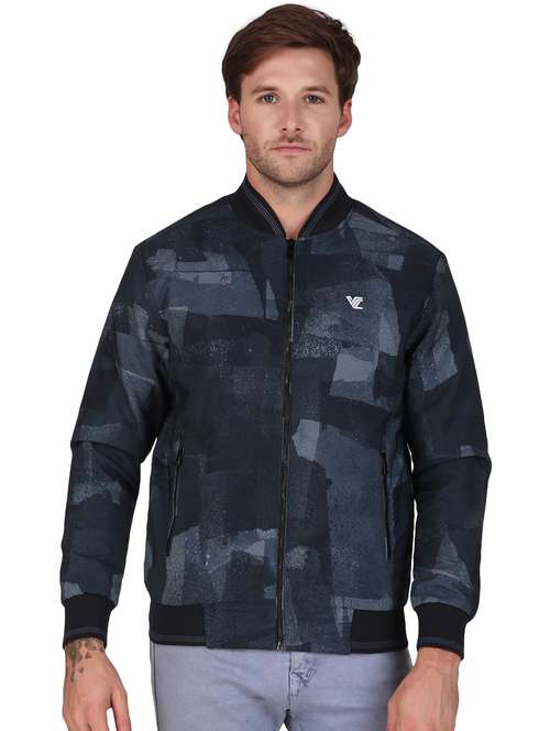 men printed navy blue polyester casual jacket - 20468260 - Standard Image - 0