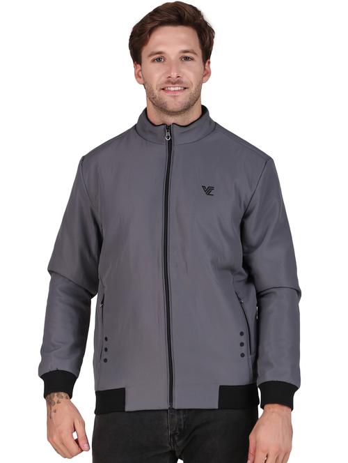 men solid grey polyester casual jacket - 20468269 - Standard Image - 0