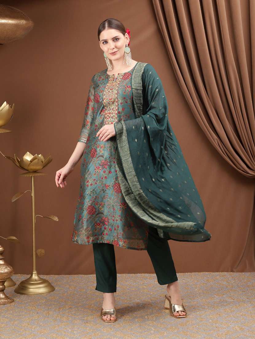 teal three quarter sleeve suit set - 20468619 -  Zoom Image - 0