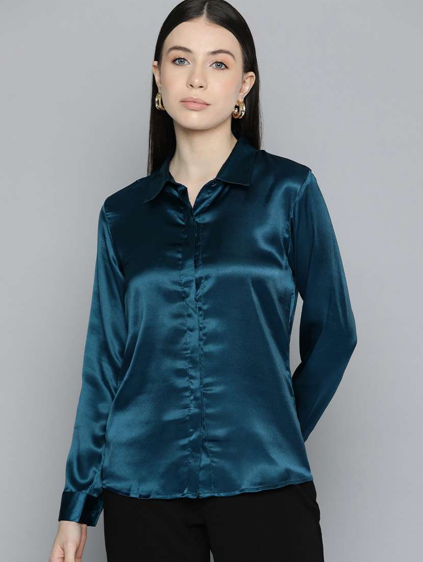 women blue satin formal shirt - 20468769 -  Zoom Image - 0