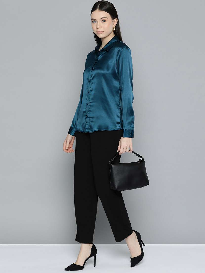 women blue satin formal shirt - 20468769 - Standard Image - 3