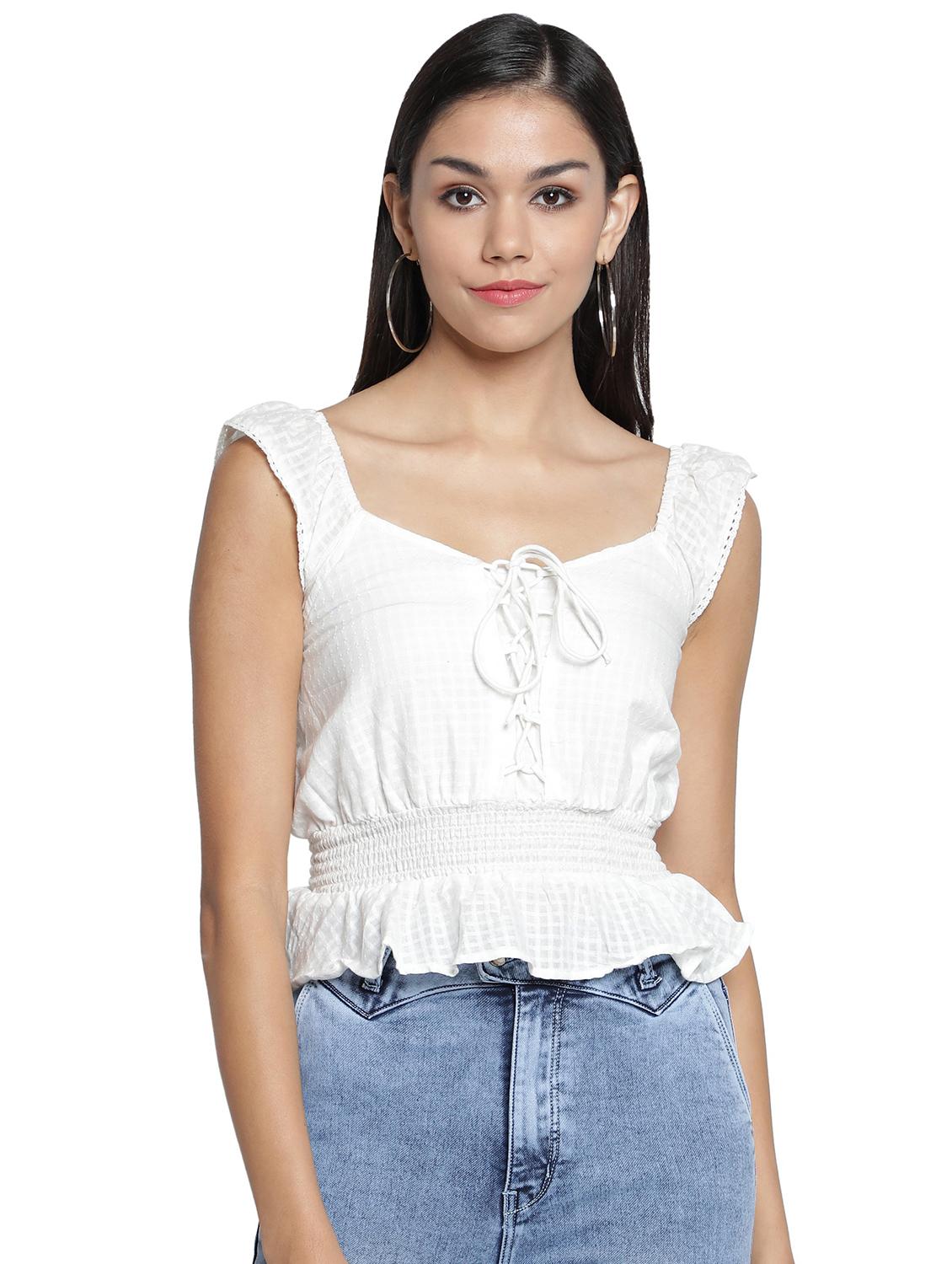 white self designed cap sleeves peplum top - 20469169 - Zoom Image - 0