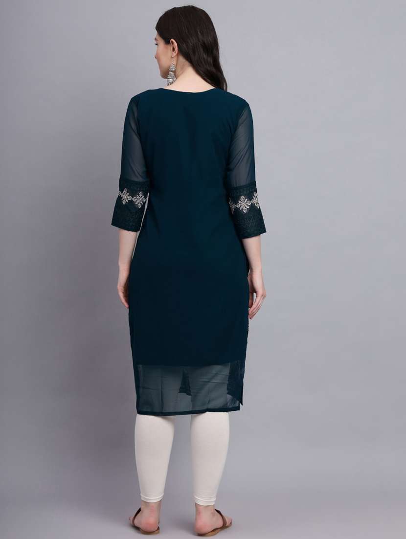 women teal round neck straight kurta - 20469292 -  Standard Image - 3