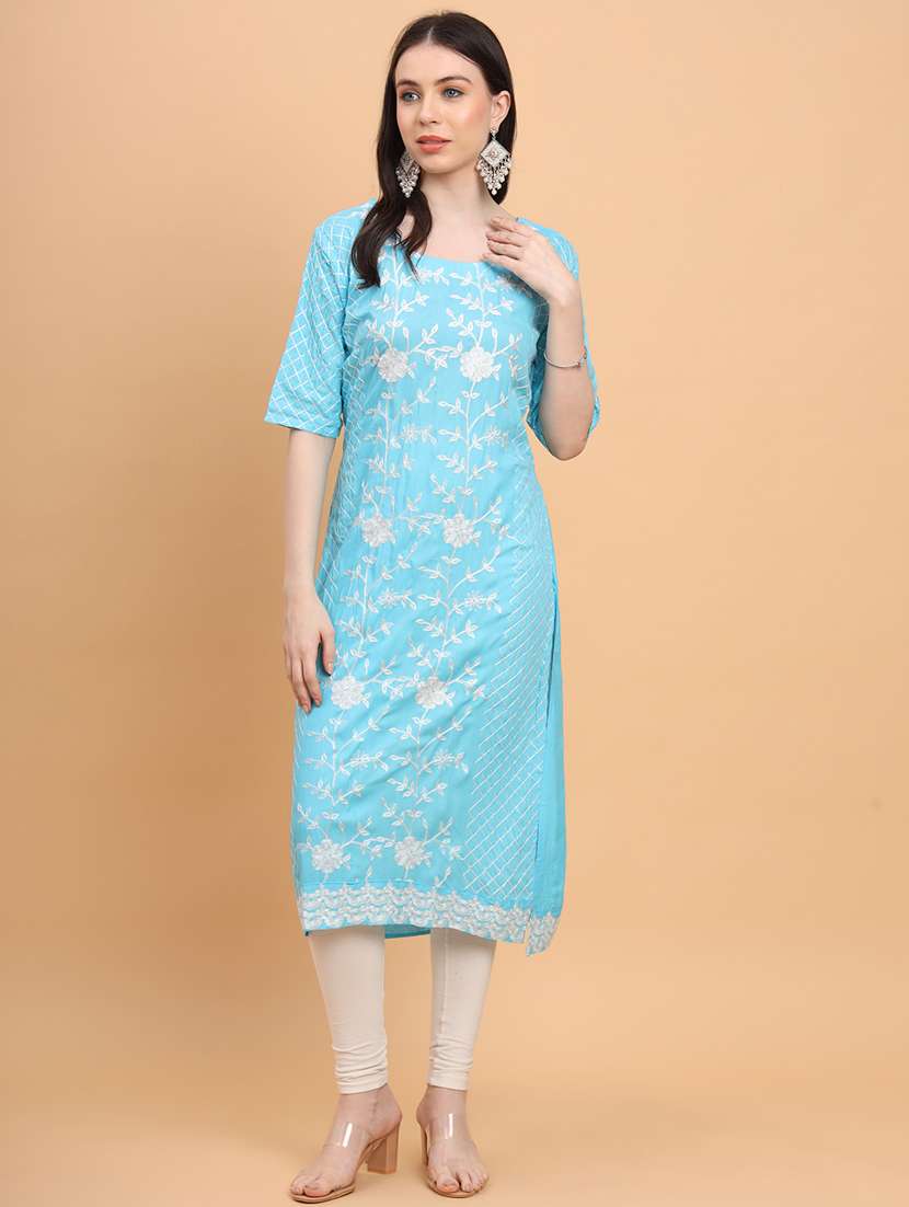 women light blue round neck straight kurta - 20469306 - Zoom Image - 0