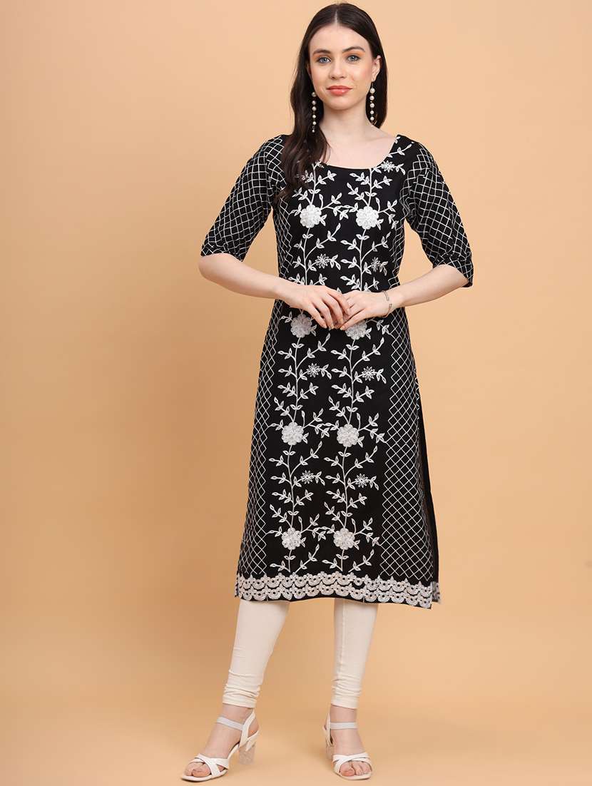 women black round neck straight kurta - 20469310 - Zoom Image - 0