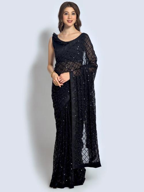 black embellished saree with blouse - 20469384 -  Standard Image - 0