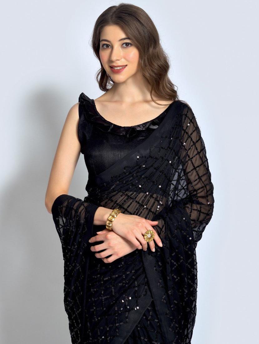 black embellished saree with blouse - 20469384 - Standard Image - 3