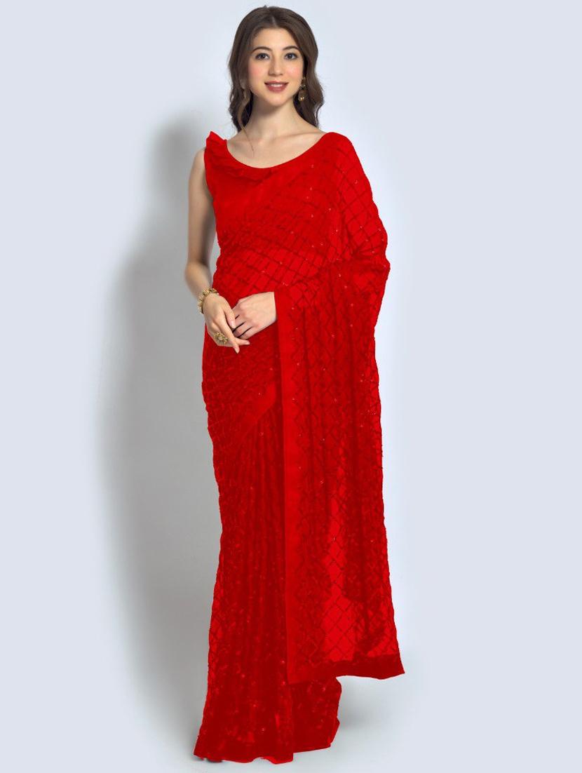 red embellished saree with blouse - 20469389 - Zoom Image - 0