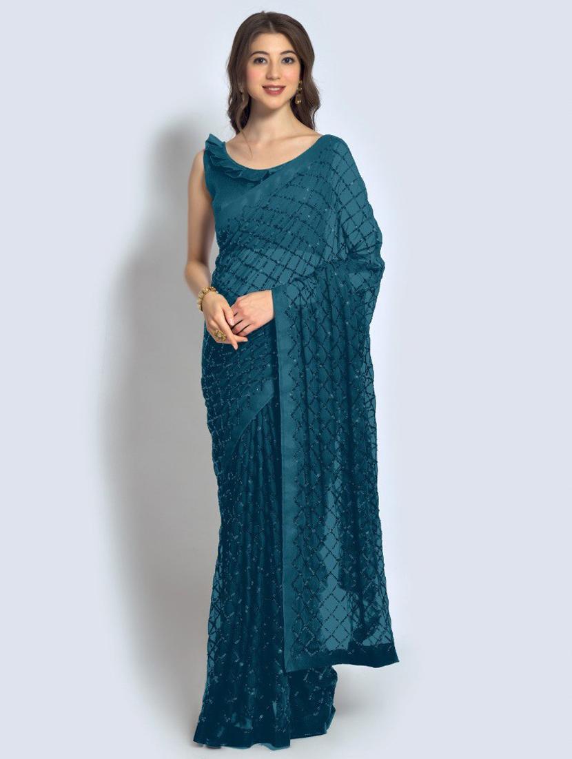 teal embellished saree with blouse - 20469390 - Zoom Image - 0