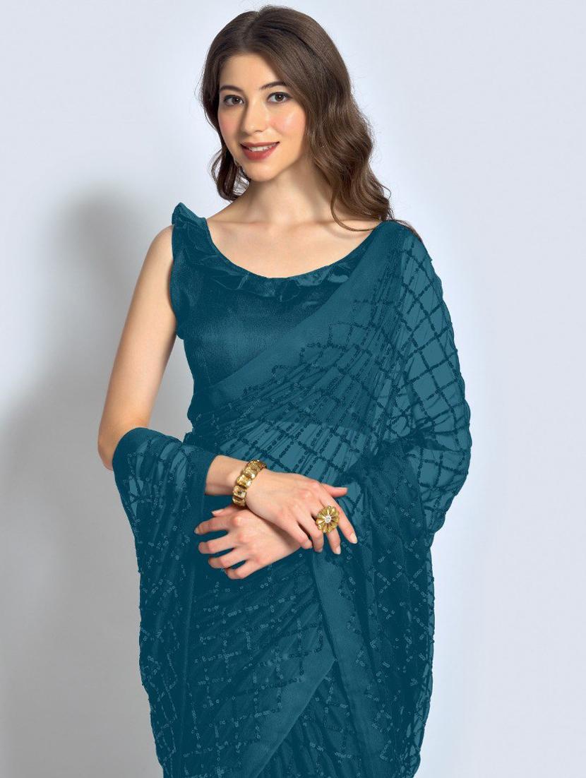 teal embellished saree with blouse - 20469390 - Standard Image - 3