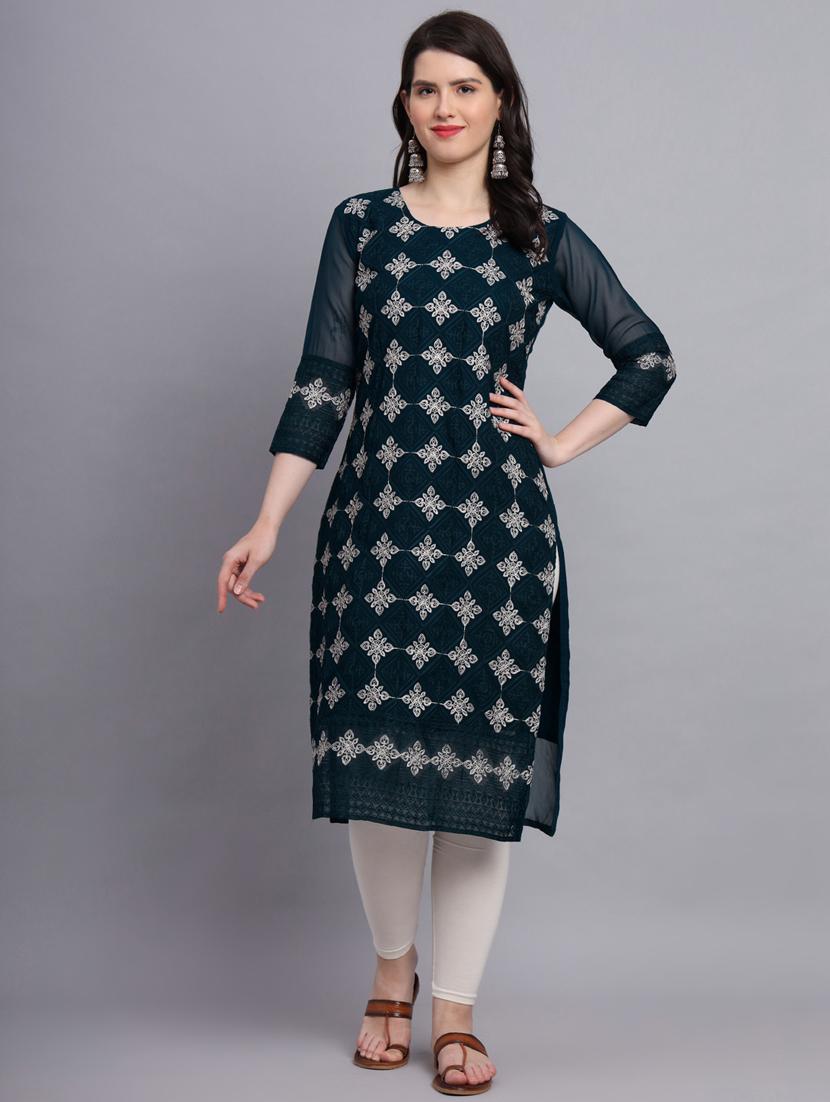 teal three quarter sleeve straight kurta - 20470382 - Zoom Image - 0