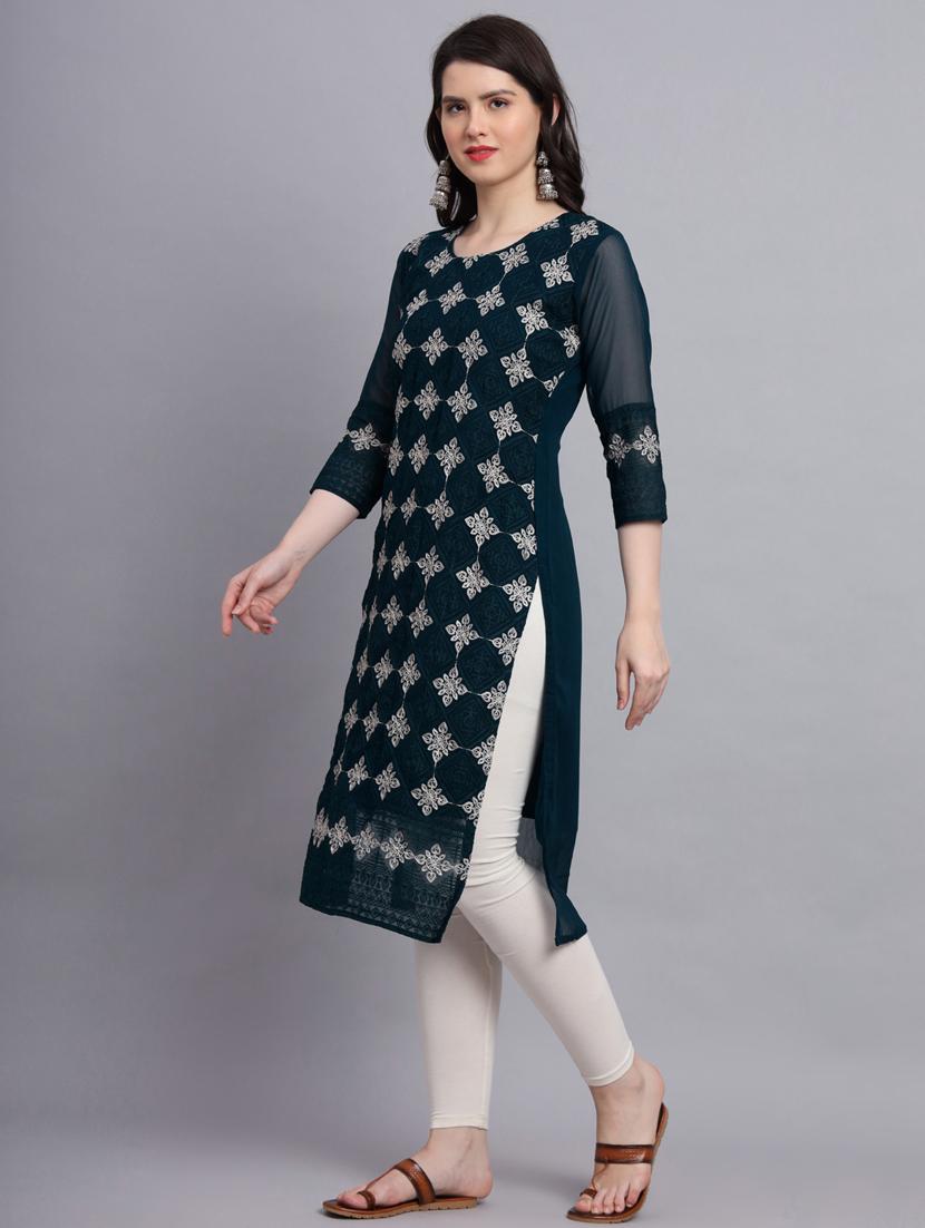teal three quarter sleeve straight kurta - 20470382 - Standard Image - 3