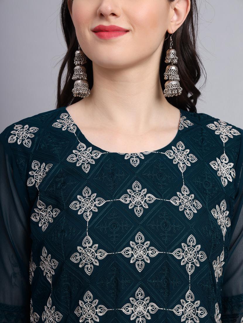 teal three quarter sleeve straight kurta - 20470382 - Standard Image - 5