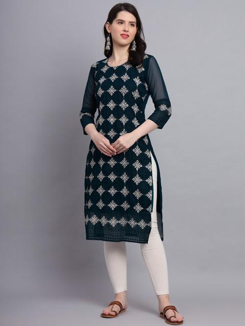 teal three quarter sleeve straight kurta - 20470385 - Standard Image - 0