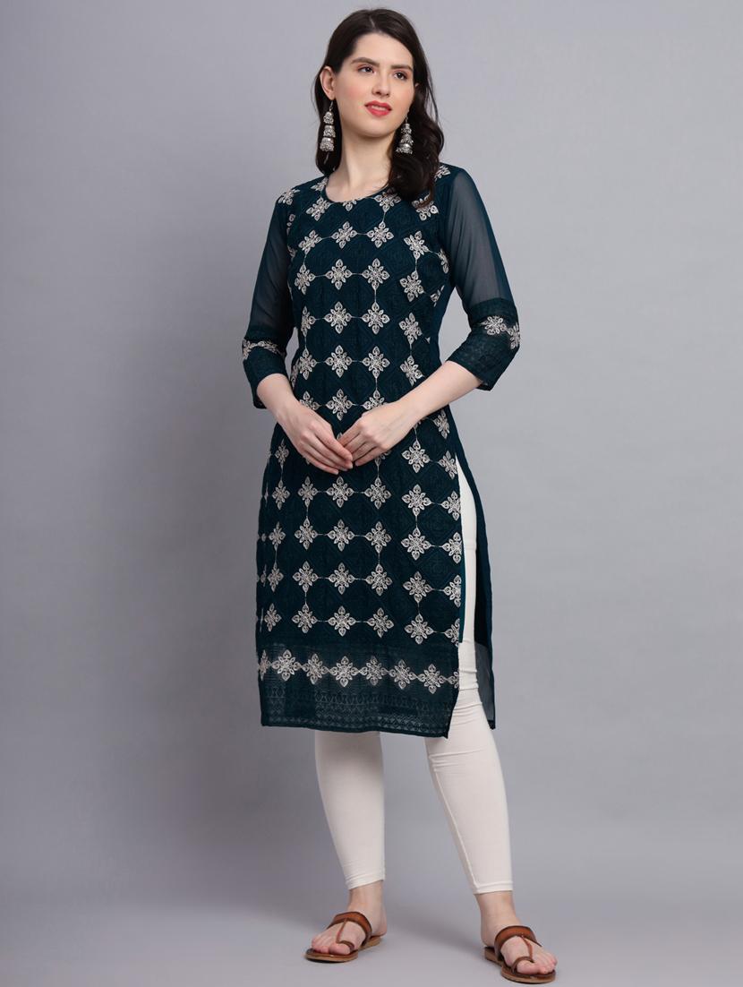teal three quarter sleeve straight kurta - 20470385 - Zoom Image - 0