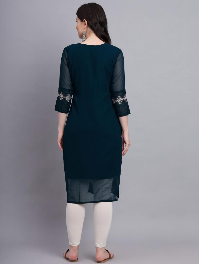teal three quarter sleeve straight kurta - 20470385 - Standard Image - 3