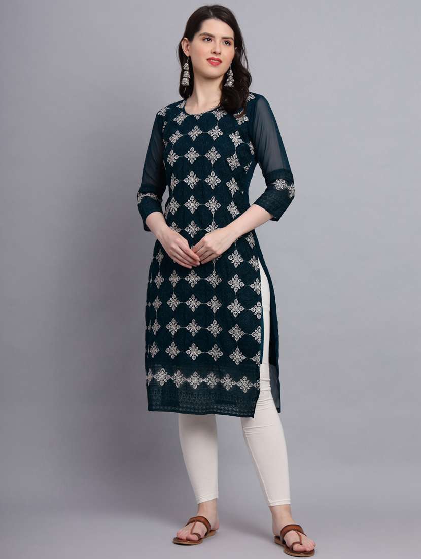 teal three quarter sleeve straight kurta - 20470393 - Zoom Image - 0