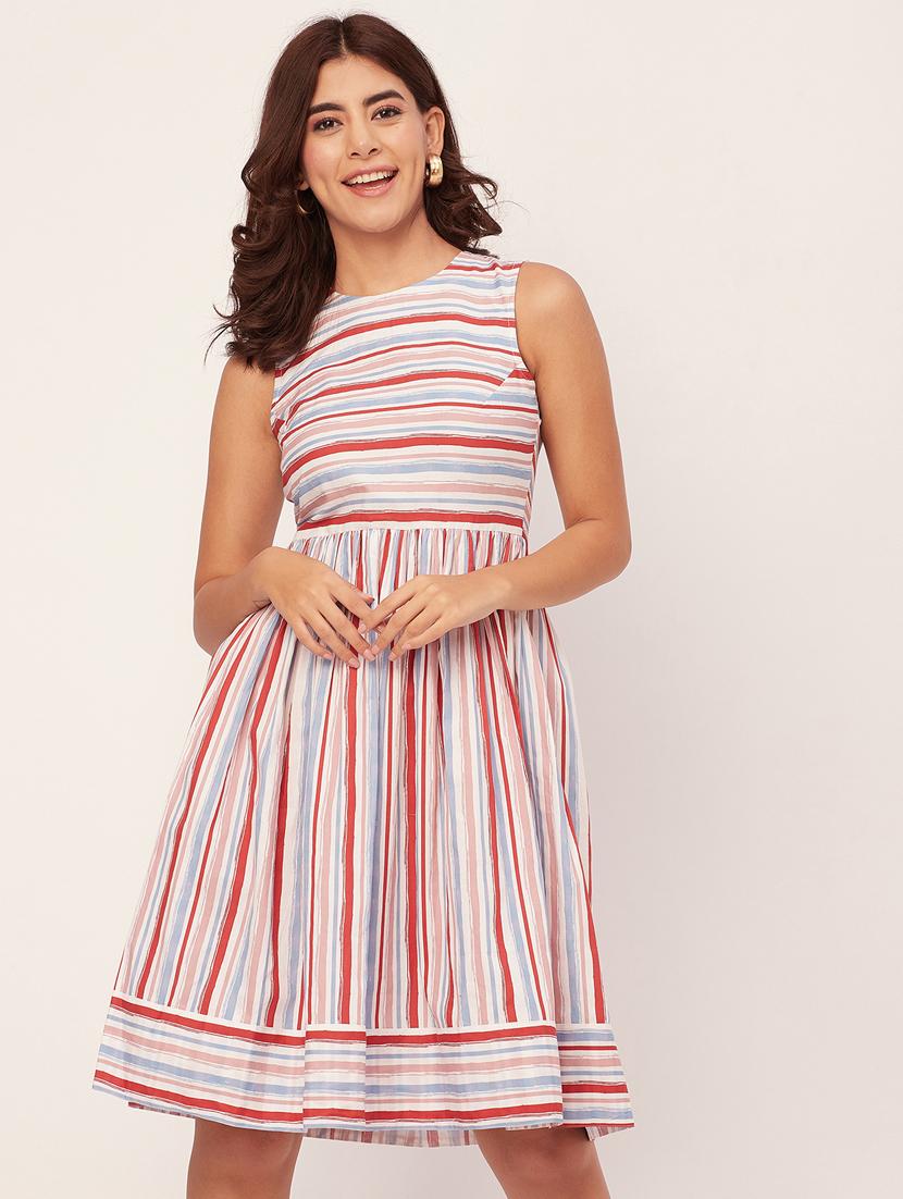multi colored stripes fit & flare dress - 20473194 - Zoom Image - 0