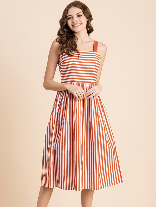 orange striped shoulder strap fit & flare dress - 20473195 - Standard Image - 0