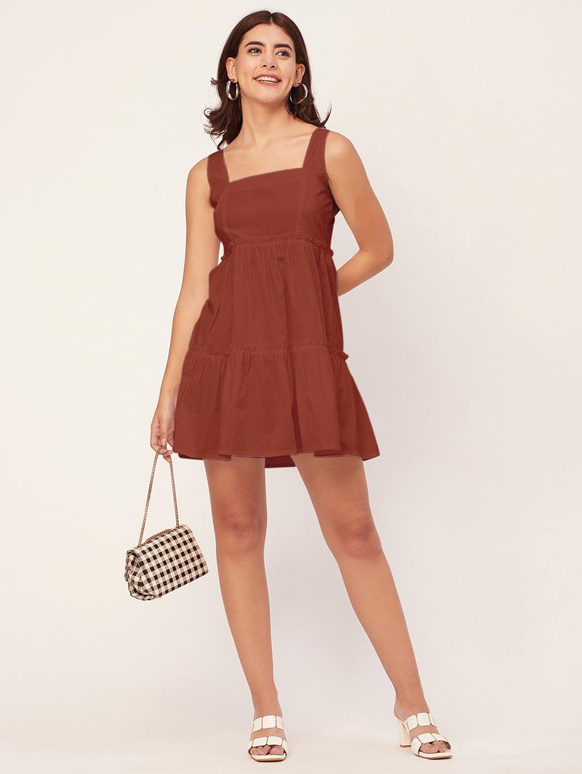 brown solid fit & flare dress - 20473201 - Standard Image - 3