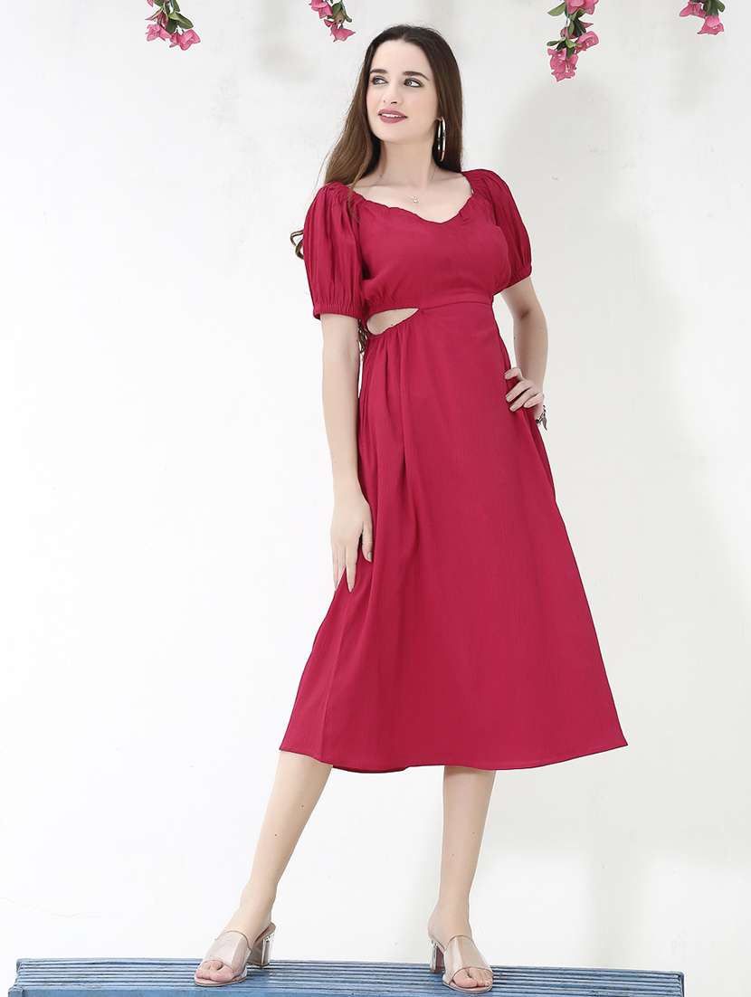 red solid puff sleeves a-line dress - 20473221 -  Zoom Image - 0